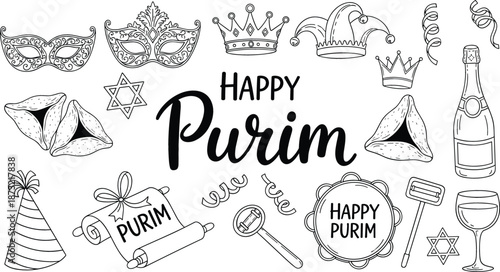 Happy Purim vector icon set with hand drawn line art of masks hamantaschen cookies noisemakers and festive holiday symbols.