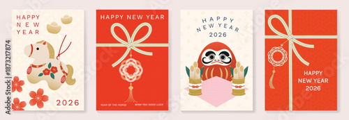 Happy New Year 2026 Japanese greeting card vector set with Year of the Horse ornament, mizuhiki ribbon, daruma doll, kadomatsu, and traditional patterns. 