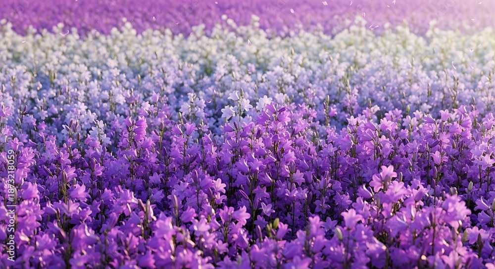 Fototapeta premium Vibrant purple and white lavender flowers field with lush greenery under sunny day