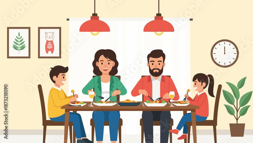 A joyful flat design illustration depicting a diverse family sharing a meal together at the dinner table, emphasizing connection and shared moments. It symbolizes warmth and togetherness.