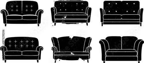 Vintage black sofa silhouettes set retro couch furniture collection with distressed textures and classic upholstery details