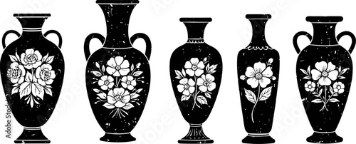 Vintage floral vases collection antique decorative urn silhouettes with blooming flower patterns