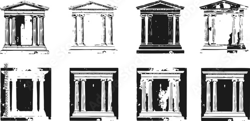 Ancient greek and roman temple facades in distressed grunge classical architectural column front views