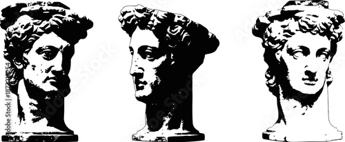 Classical marble busts three greco roman male heads in black and white silhouette illustration