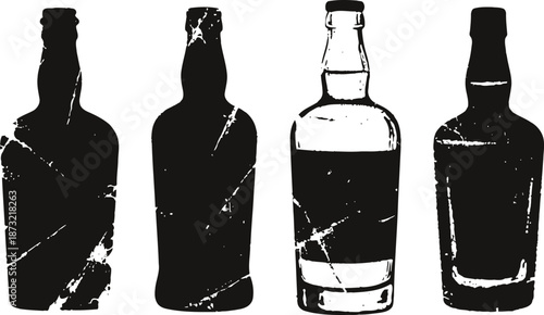 Silhouette liquor bottles collection distressed grunge glass bottle set with vintage textured effect