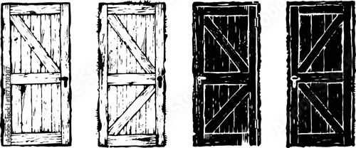 Rustic wooden barn doors set vintage plank doors with diagonal braces hand drawn grunge monochrome illustration