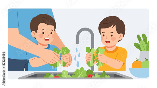 A delightful flat design illustration showing children actively helping prepare a fresh salad for dinner, promoting healthy eating habits and family participation. 
