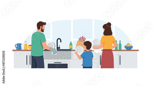 This flat design illustration portrays a family working together to clean up the kitchen after dinner, emphasizing shared responsibilities and maintaining a tidy home. 