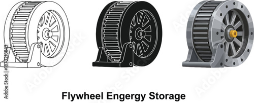 Set of flywheel energy storage illustrations including line art silhouette and realistic render for engineering and technology concepts