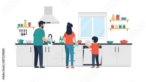 This flat design illustration portrays a family working together to clean up the kitchen after dinner, emphasizing shared responsibilities and maintaining a tidy home. 