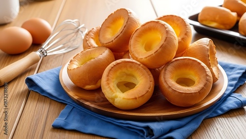 Wallpaper Mural Delicious portuguese custard tarts on a plate with eggs and whisk on a wooden table Torontodigital.ca