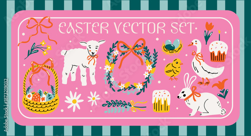 Easter holiday concept vector stickers design elements set. Collection of groovy funky cartoon illustration of white bunny, lamb, eggs, chick, traditional food, wreath, spring flowers, ostara
