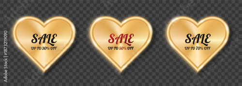 A set of three golden hearts with the inscription sale. Valentine's Day sale. Vector illustration.