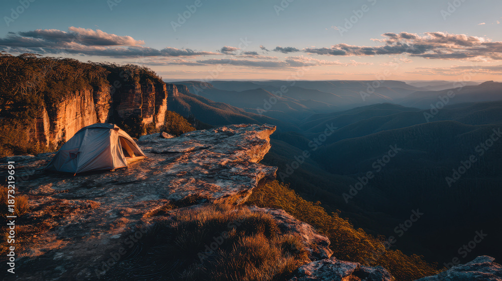 Naklejka premium Camping adventure at sunrise overlooking scenic cliff nature landscape photography peaceful wilderness
