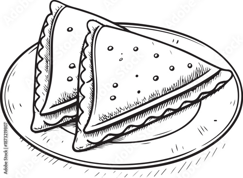 Masala Papad Indian snack Hand-drawn Sketch Drawing Vector Illustration, Line Linear Symbol Engraving Coloring Book, Black and White Isolated