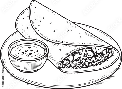 Masala dosa South Indian dish Hand-drawn Sketch Drawing Vector Illustration, Line Linear Symbol Engraving Coloring Book, Black and White Isolated
