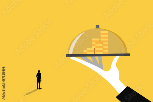 Professional hand serving growing financial bar chart on a silver platter to a businessman illustrating wealth management success and strategic investment growth opportunities