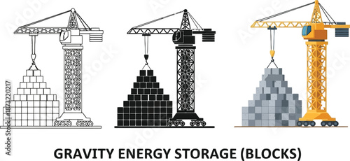 Gravity energy storage system with a crane lifting blocks presented in three distinct styles outline silhouette and full color illustration