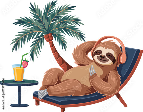 Happy Cartoon Sloth Relaxing on a Beach Lounge Chair with Headphones and a Tropical Fruit Drink Illustration