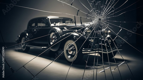 Shattered view of a classic black vintage car through a broken window, symbolizing danger and fragility.