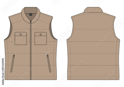 Technical drawing of padded vest with zipper front and back view