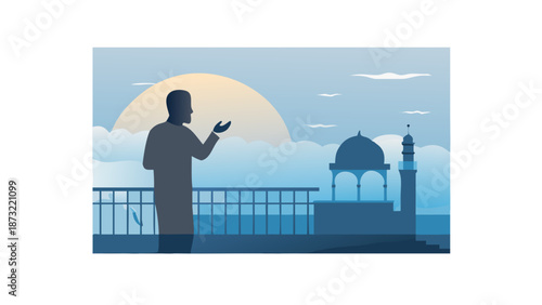 A silhouette of a Muezzin standing on a balcony of a minaret, calling the Adhan at dawn. The background is a soft, misty blue and grey sky as the sun begins to rise. Very calm and sacred vibe.