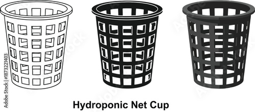 Collection of hydroponic net pots including a white outline and black variations for soilless plant cultivation and gardening