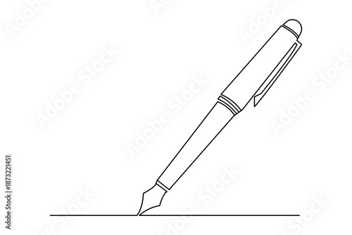 A minimalist continuous one line drawing of a ballpoint pen, perfect for office, stationery, and writing concepts. Isolated on a white background for easy use in graphic design projects.