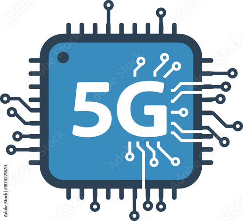 A blue microchip with '5G' text, representing next-generation wireless technology and electronic communication.
