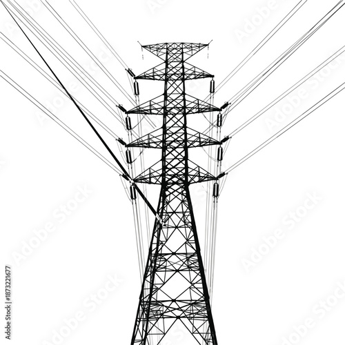 Symmetrical high voltage electricity transmission pylon with multiple power lines and cables vector illustration isolated on white background.