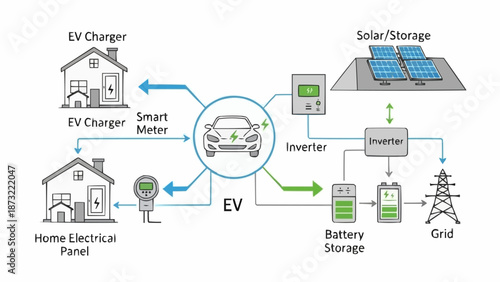 Electric Vehicle Charging System Diagram with Solar and Battery Storage.
