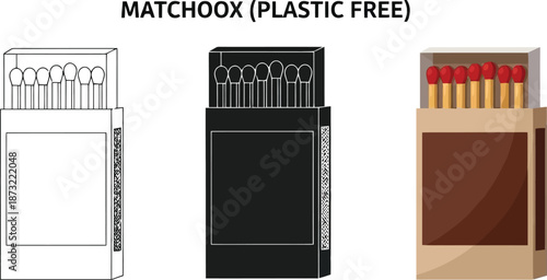 Collection of matchbox illustrations including a simple outline a black box and a brown open box with red-tipped matches representing plastic-free fire starters