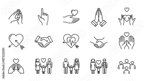 Hand Gestures and Love Charity Line Art Icons Set