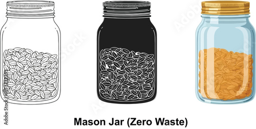 Three mason jars filled with various ingredients representing zero waste and sustainable living concepts isolated on a white background