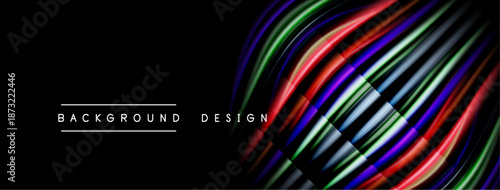 Abstract flowing lines create dynamic visual effect. Dark background emphasizes vibrant colors, modern design elements.