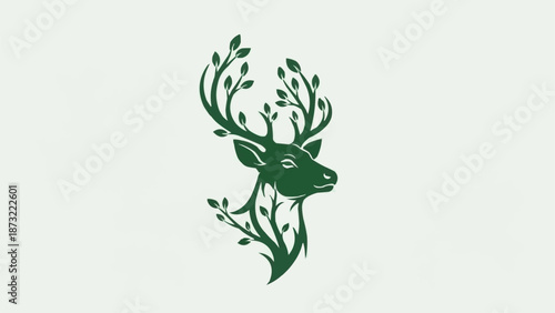Deer head with branches and leaves forming antlers.