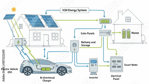Diagram of a smart home electric vehicle charging system with solar power.