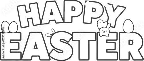 Happy easter coloring page featuring cute bunnies, chicks, and eggs for children