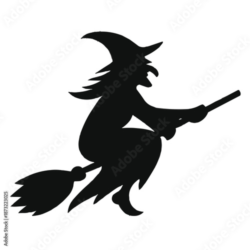 Black vector silhouette illustration of a fantasy witch flying on a broom with wings like an eagle or dragon for a Halloween tattoo symbol