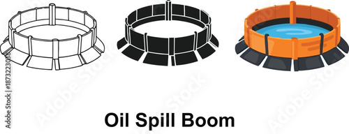 Set of oil spill boom icons representing containment barriers for environmental protection in outline silhouette and colored vector styles