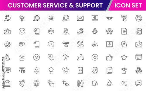 Customer service icons depicting support, assistance, communication, call centers, help desks, satisfaction, feedback, solutions, responsiveness.