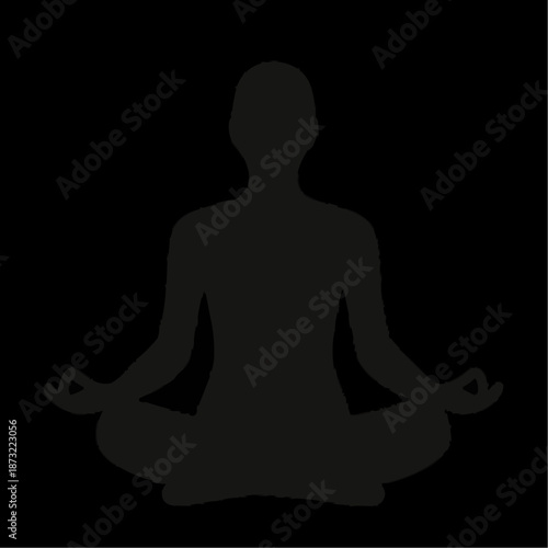 A serene black vector illustration of a woman in a lotus pose silhouette practicing spiritual zen meditation for health and relaxation