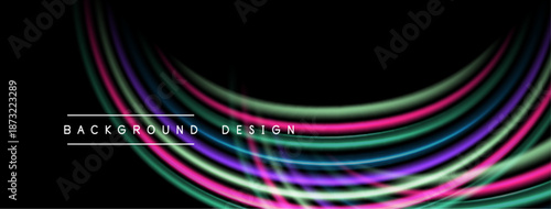 Abstract flowing lines create vibrant wave pattern. Dark background emphasizes colorful light streaks, modern design element.