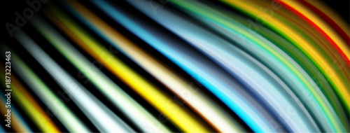 Abstract colorful lines create dynamic visual effect. Bright hues blend, forming curved patterns against dark background.