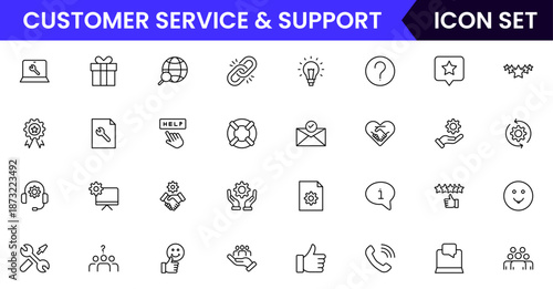 Customer service icons depicting support, assistance, communication, call centers, help desks, satisfaction, feedback, solutions, responsiveness.