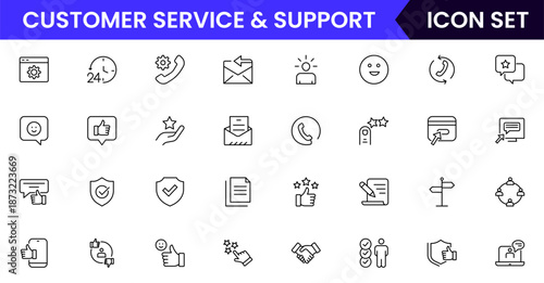 Customer service icons depicting support, assistance, communication, call centers, help desks, satisfaction, feedback, solutions, responsiveness.