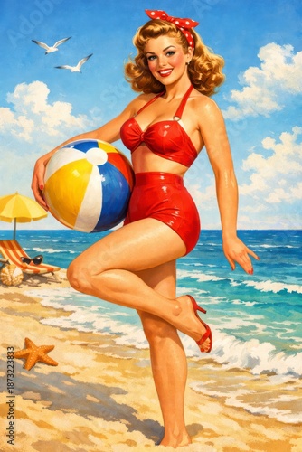 Lively pin-up style illustration of a smiling woman in a red bikini playfully balancing a beach ball on a sparkling shore, perfect for nostalgic summer ads and fun decor.