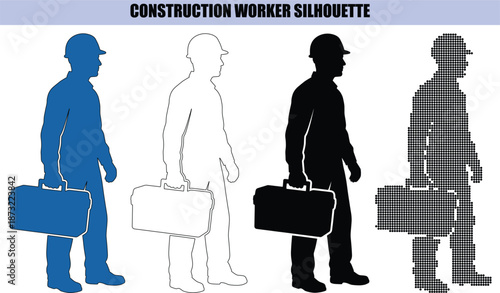 Construction Worker Silhouette Holding Masonry Trowel and Bucket for Bricklaying and Cement Application