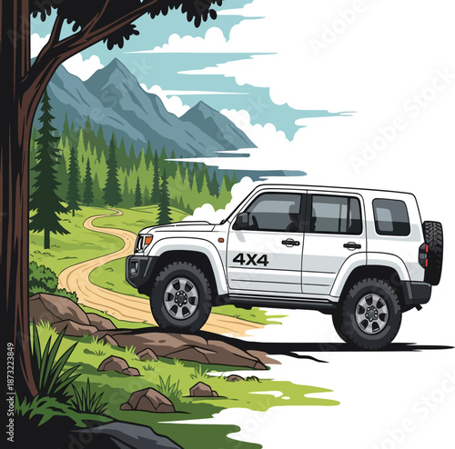 Graphic, vector, illustration of a 4x4 vehicle with a forest background, vehicle, off-road 