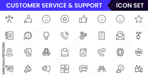Customer service icons depicting support, assistance, communication, call centers, help desks, satisfaction, feedback, solutions, responsiveness.